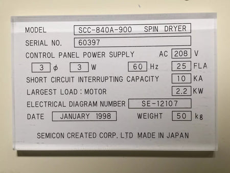 Semicon Created Corp SCC-840A-900 Control Panel Power Supply for Spin Dryer