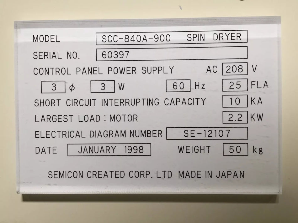 Semicon Created Corp SCC-840A-900 Control Panel Power Supply for Spin Dryer