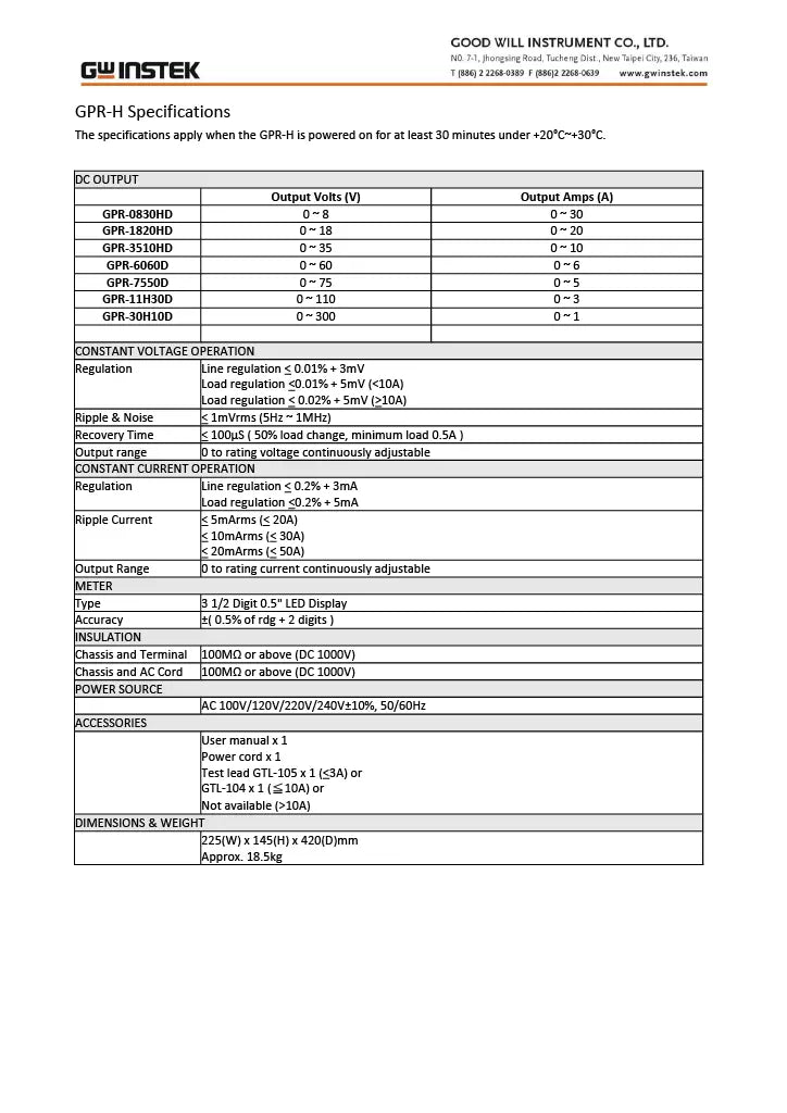GW Instek GPR-11H30D DC Linear Power Supply 330W 110V 3A