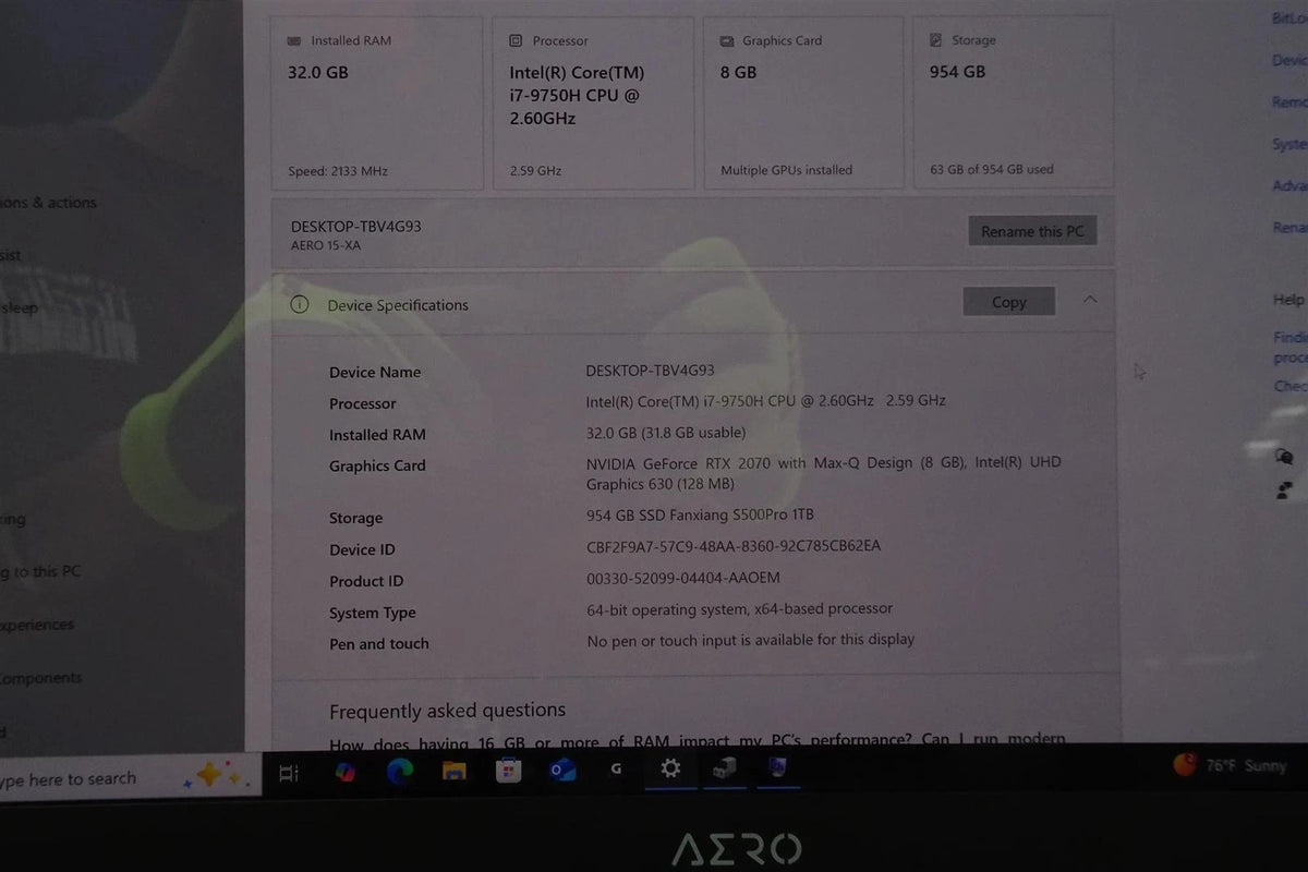 GIGABYTE AERO 15-XA Core i7-9750H 2.6GHz 32GB 1TB Win 10 Pro - Good Working