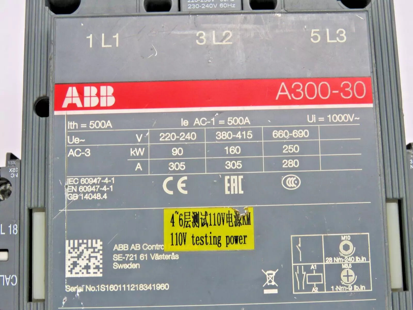 ABB A300-30 Power Contactor 230-240V Used Condition