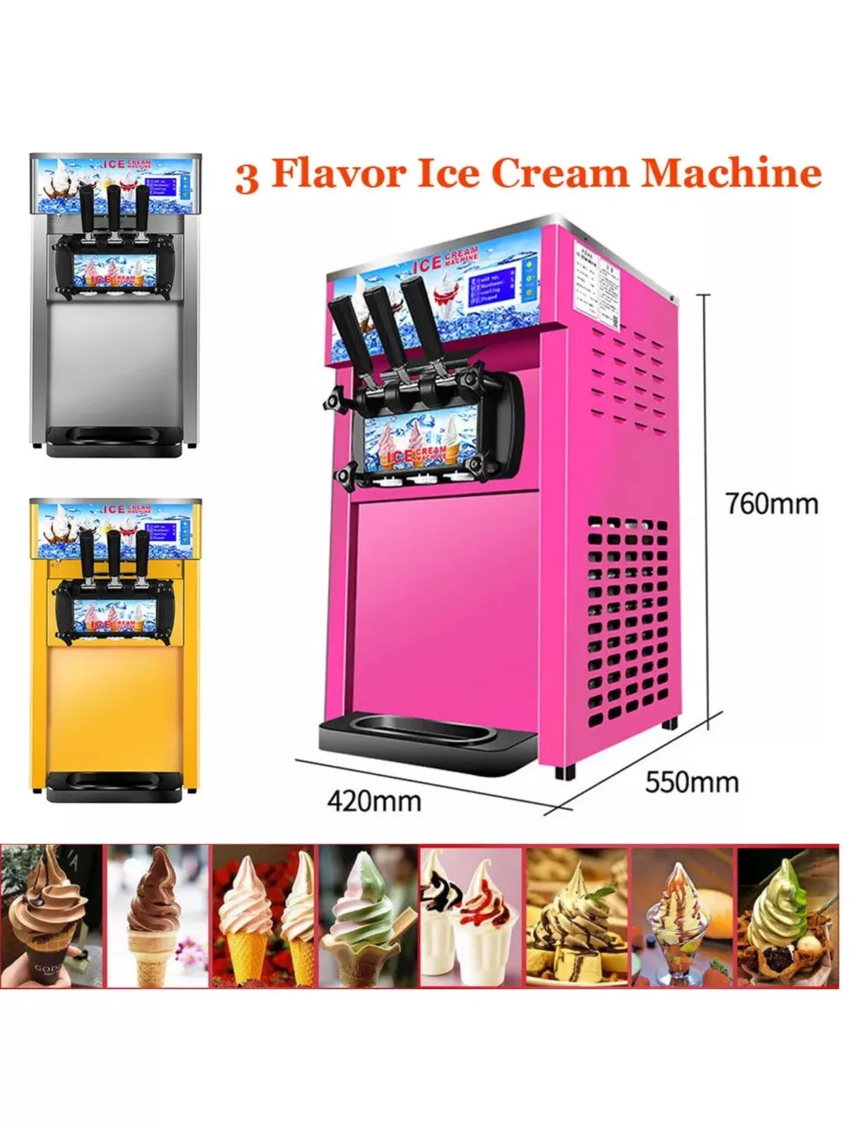 Commercial Soft Ice Cream 3 Flavor Steel Frozen Yogurt Cone Maker Machine