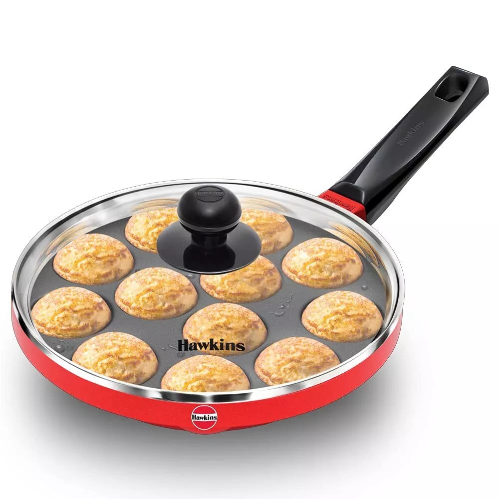 Hawkins Nonstick Appe Pan 12-Cup Cast Aluminium 22cm with Glass Lid Black & Red