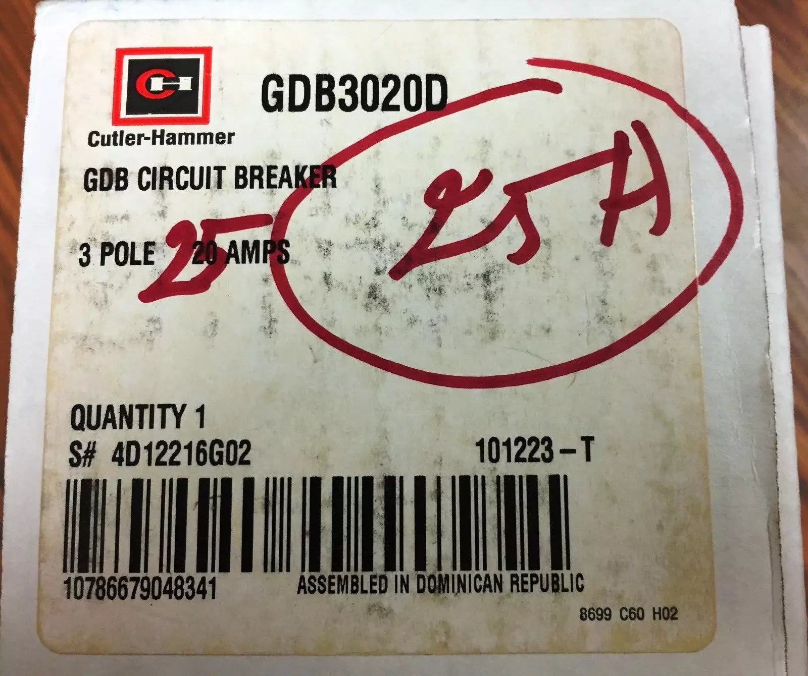 Cutler-Hammer GDB3020D Industrial Circuit Breaker 480VAC 125/250VDC 25A 3-Pol