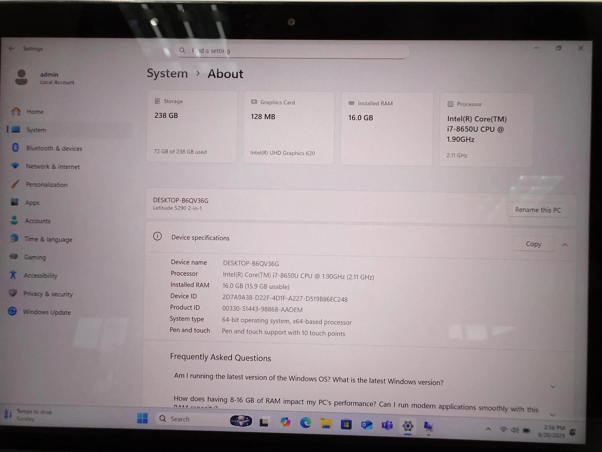 Dell Latitude 5290 2-in-1 Core i7-8650U 1.90GHz 16GB 256GB Touch Win 11 Pro