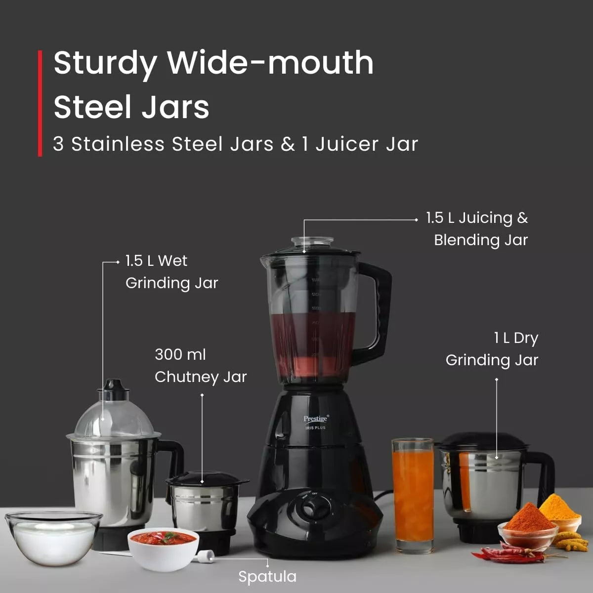 Prestige 750W Iris Plus Mixer Grinder with 4 Jars