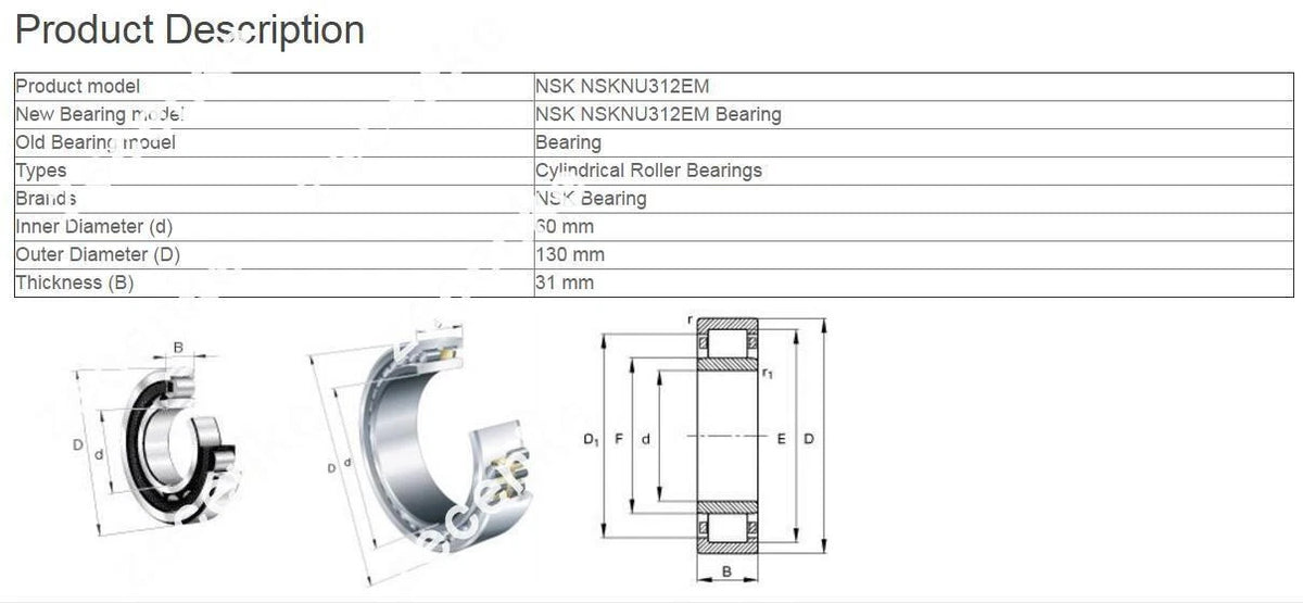 NSK NU 312 EM Cylindrical Roller Bearings 60x130x31mm
