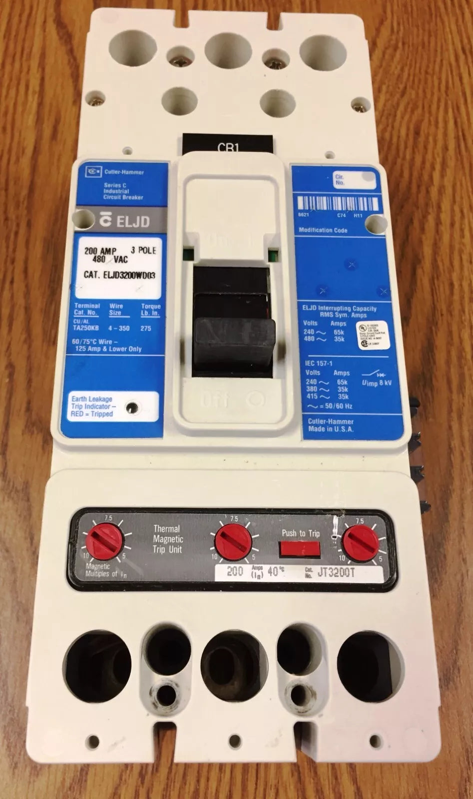 Eaton Cutler-Hammer ELJD3200WD03 3-Pole Circuit Breaker 480VAC 200 AMP
