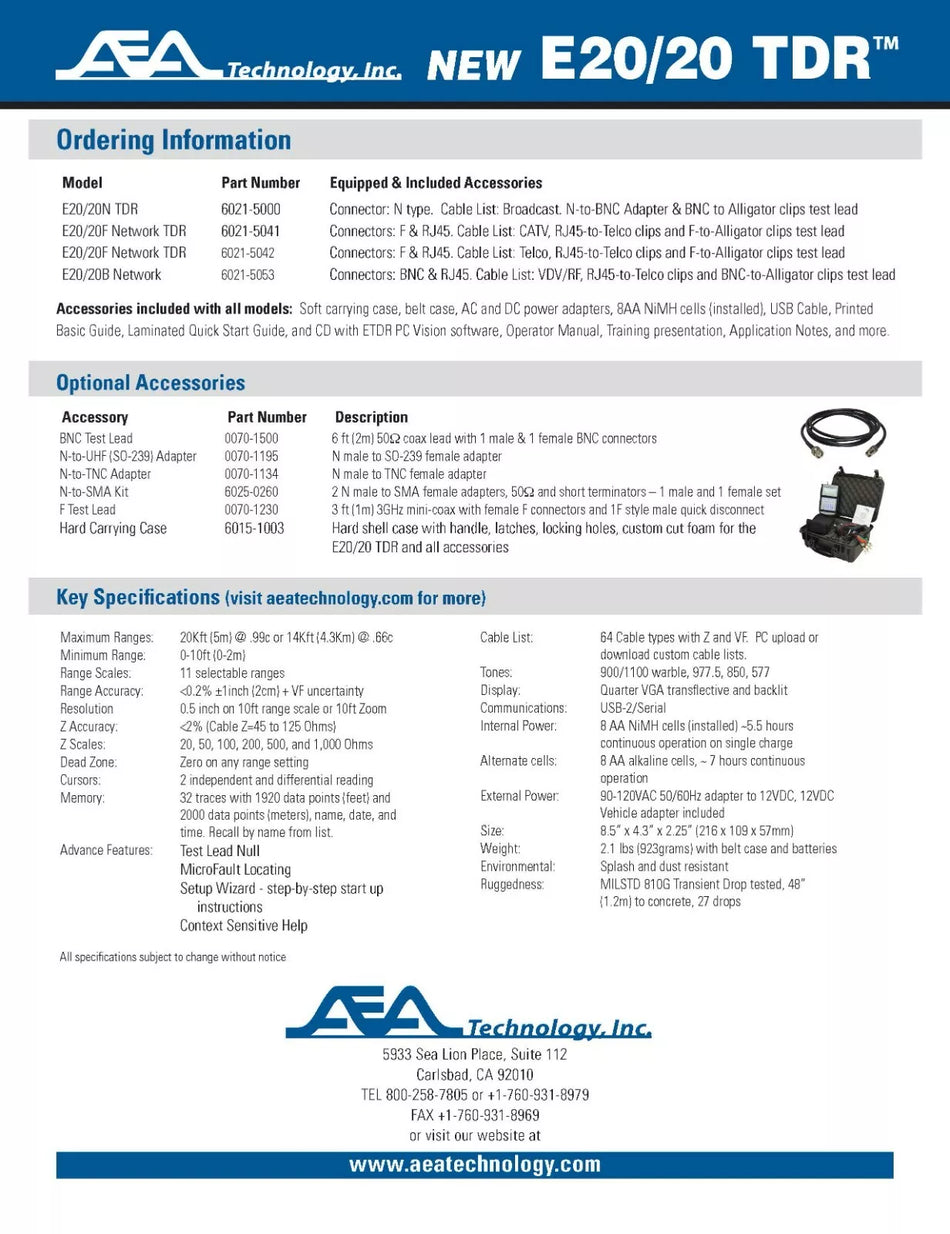 AEA E20/20N VDV/RF Option Step TDR 20Kft 11 Select Ranges Micro Fault Locating