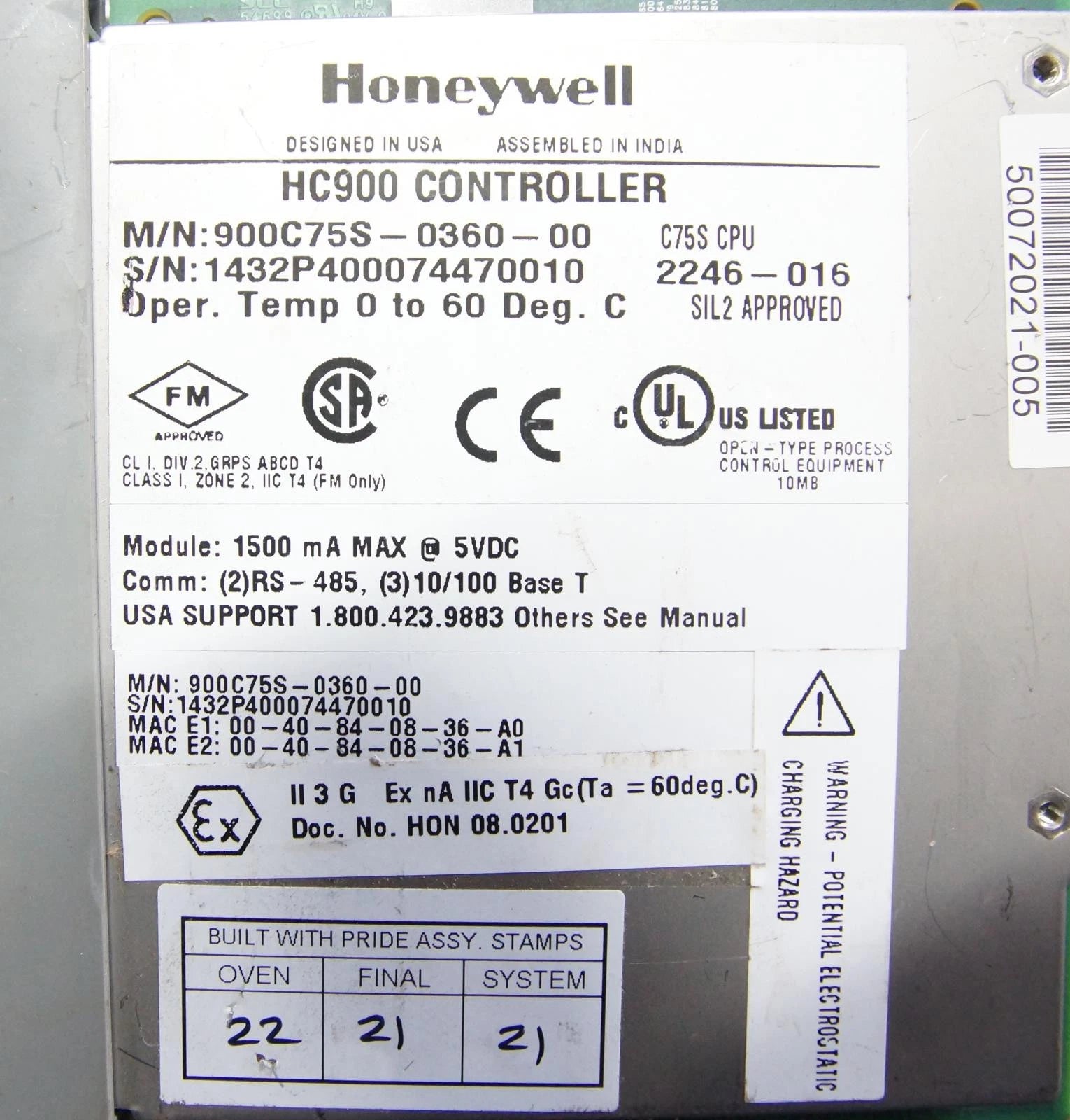Honeywell HC900 C75S CPU Controller 900C75S-0360-00