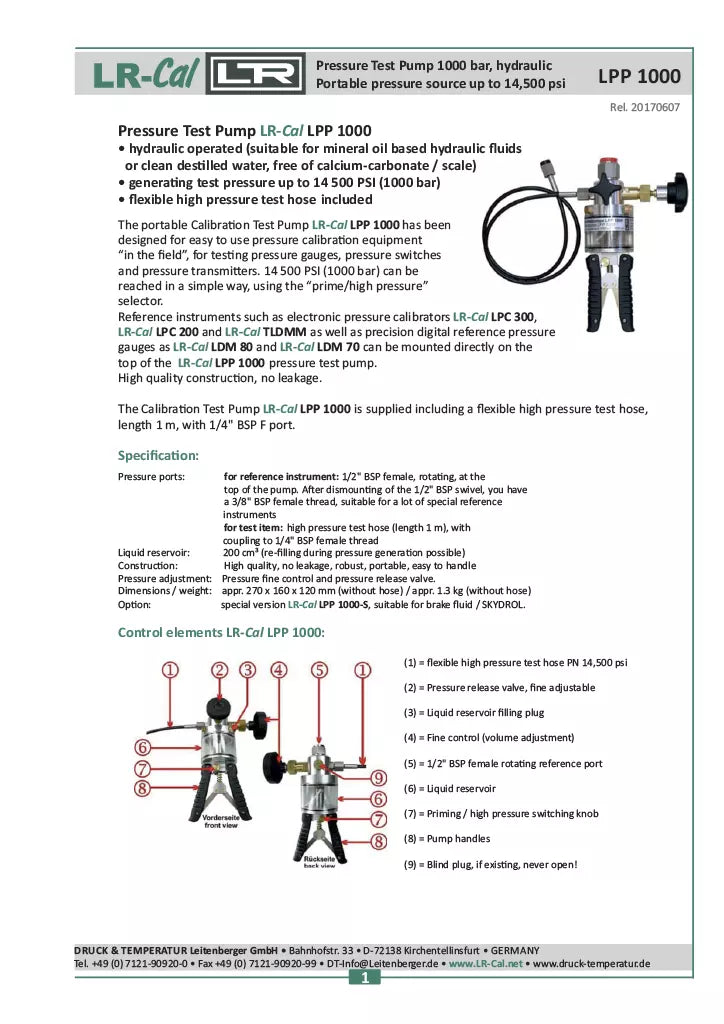 LR-Cal LPP 1000 Pressure Calibration Hand Pump Hydraulic 14500 PSI 1000 bar