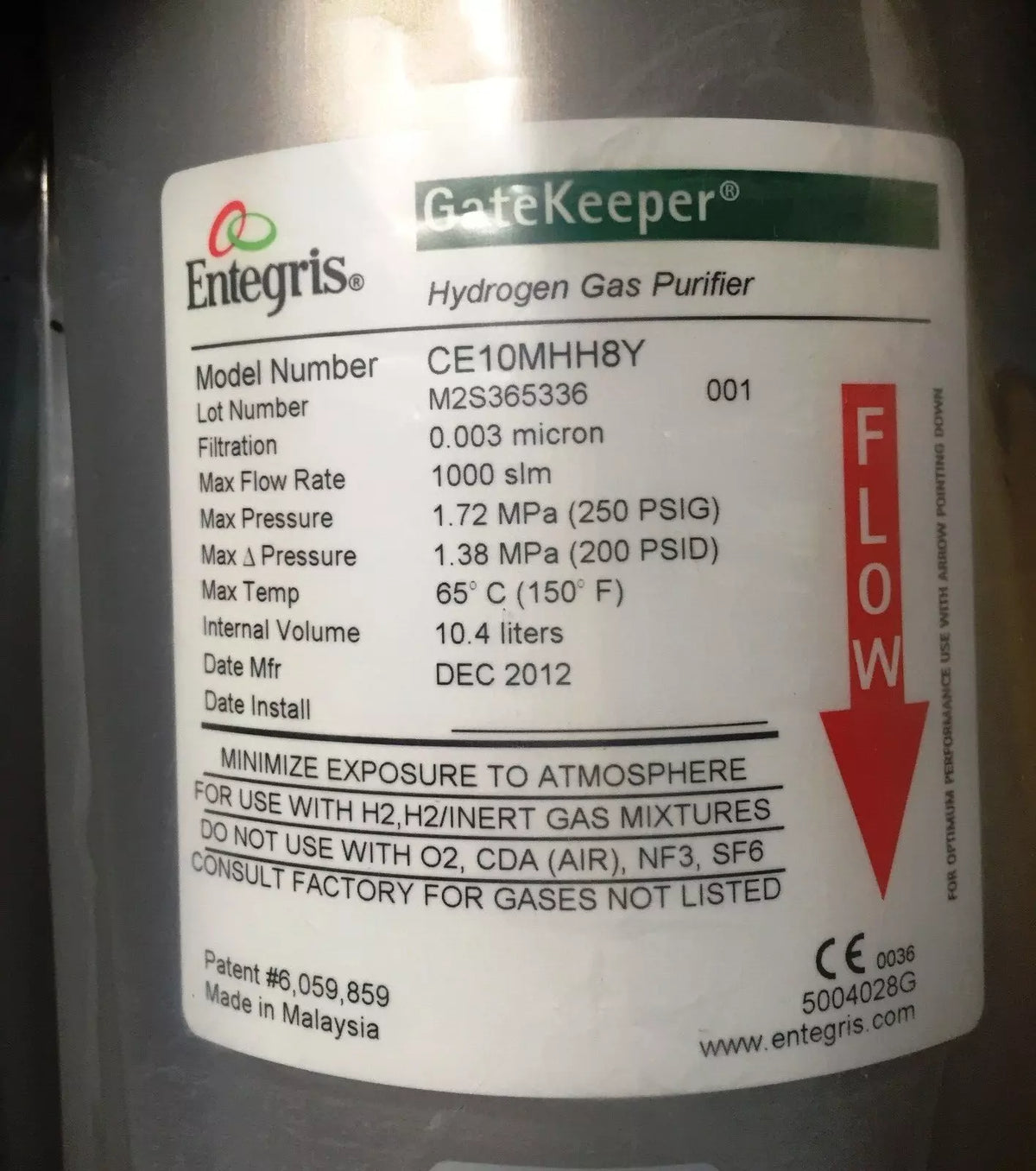 Entegris CE10MHH8Y Gatekeeper Inert Gas Purifier for Hydrogen Gas