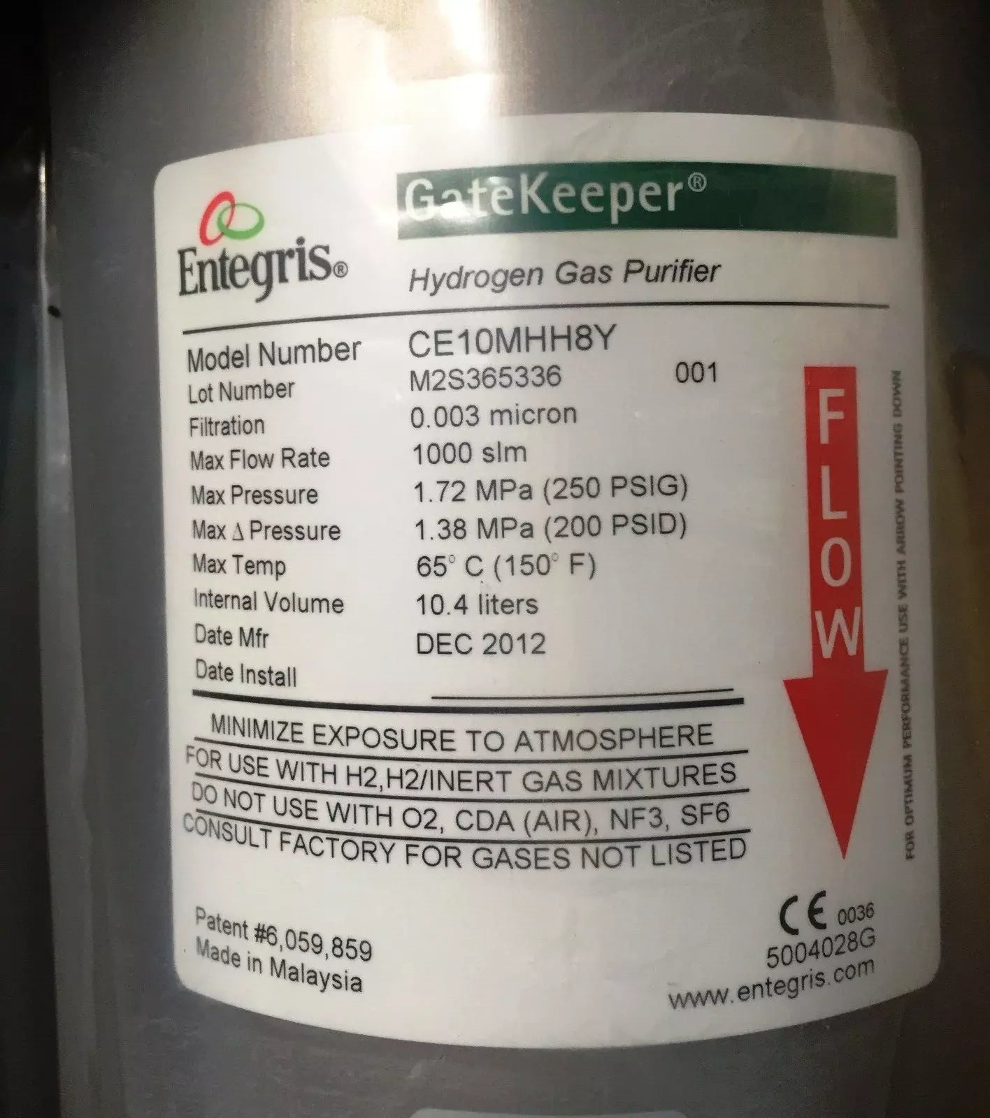 Entegris CE10MHH8Y Gatekeeper Inert Gas Purifier for Hydrogen Gas