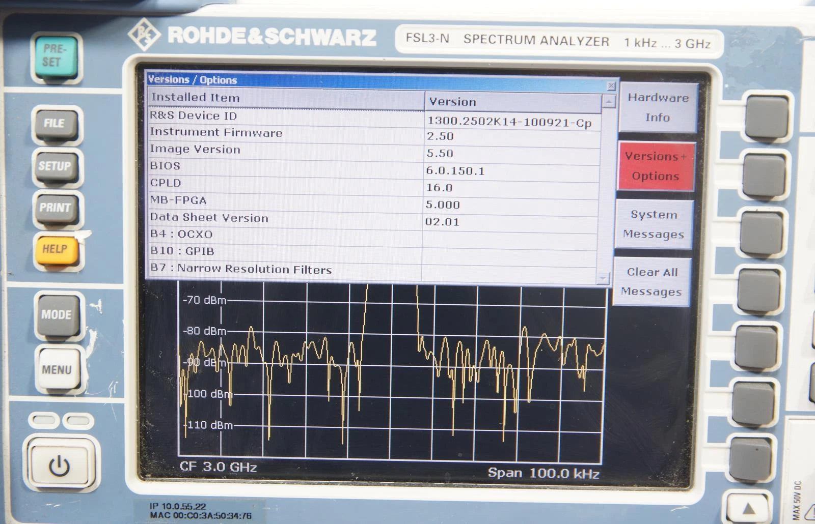 Rohde & Schwarz FSL3-N Spectrum Analyzer 9KHz to 3GHz OPT B4 B10 B7