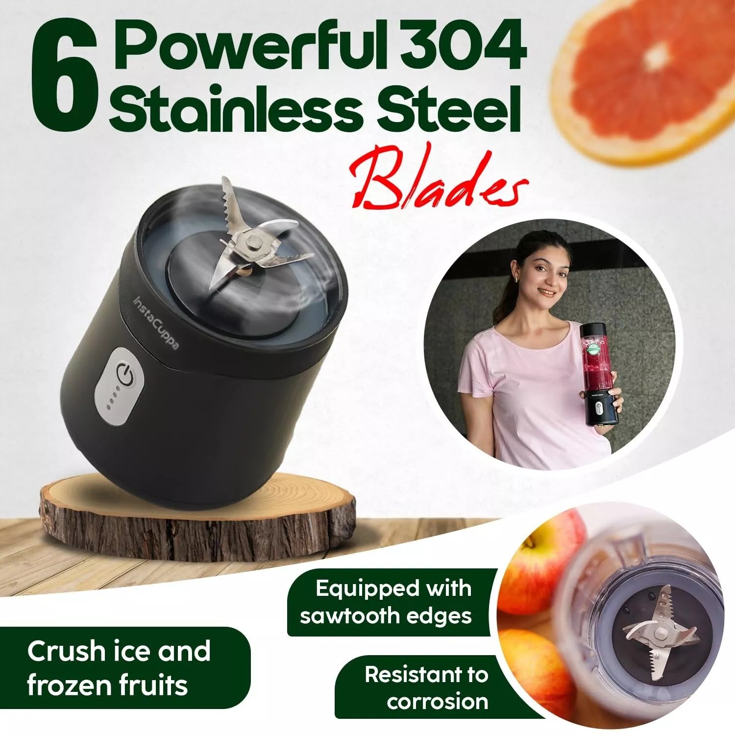 InstaCuppa Portable Blender USB Rechargeable 500ML for Smoothies & Ice Crushing
