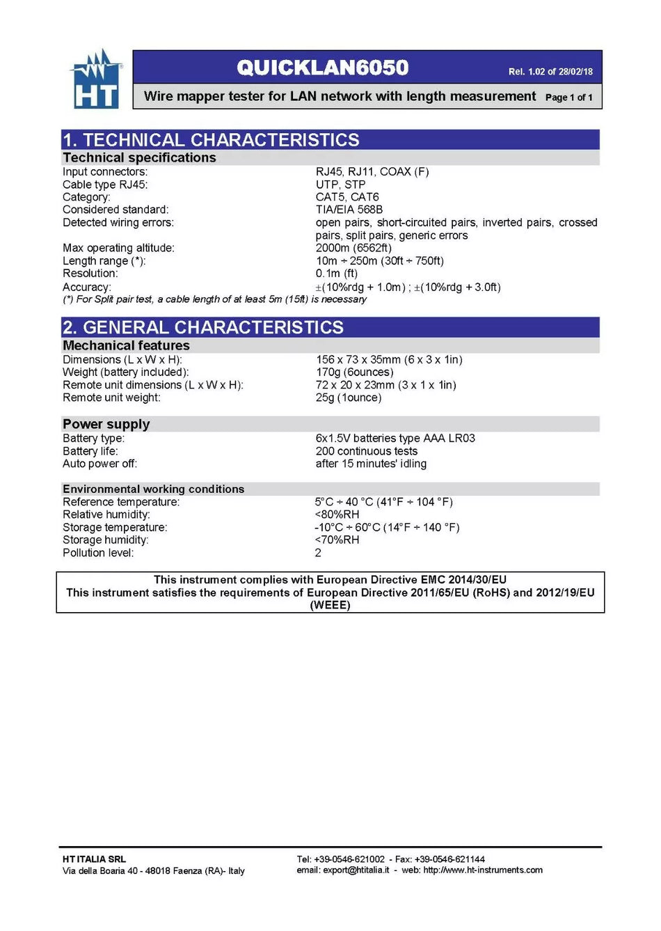 HT Instruments QUICKLAN6050 Hand-held LAN Wire Mapper with Wire-length Measure