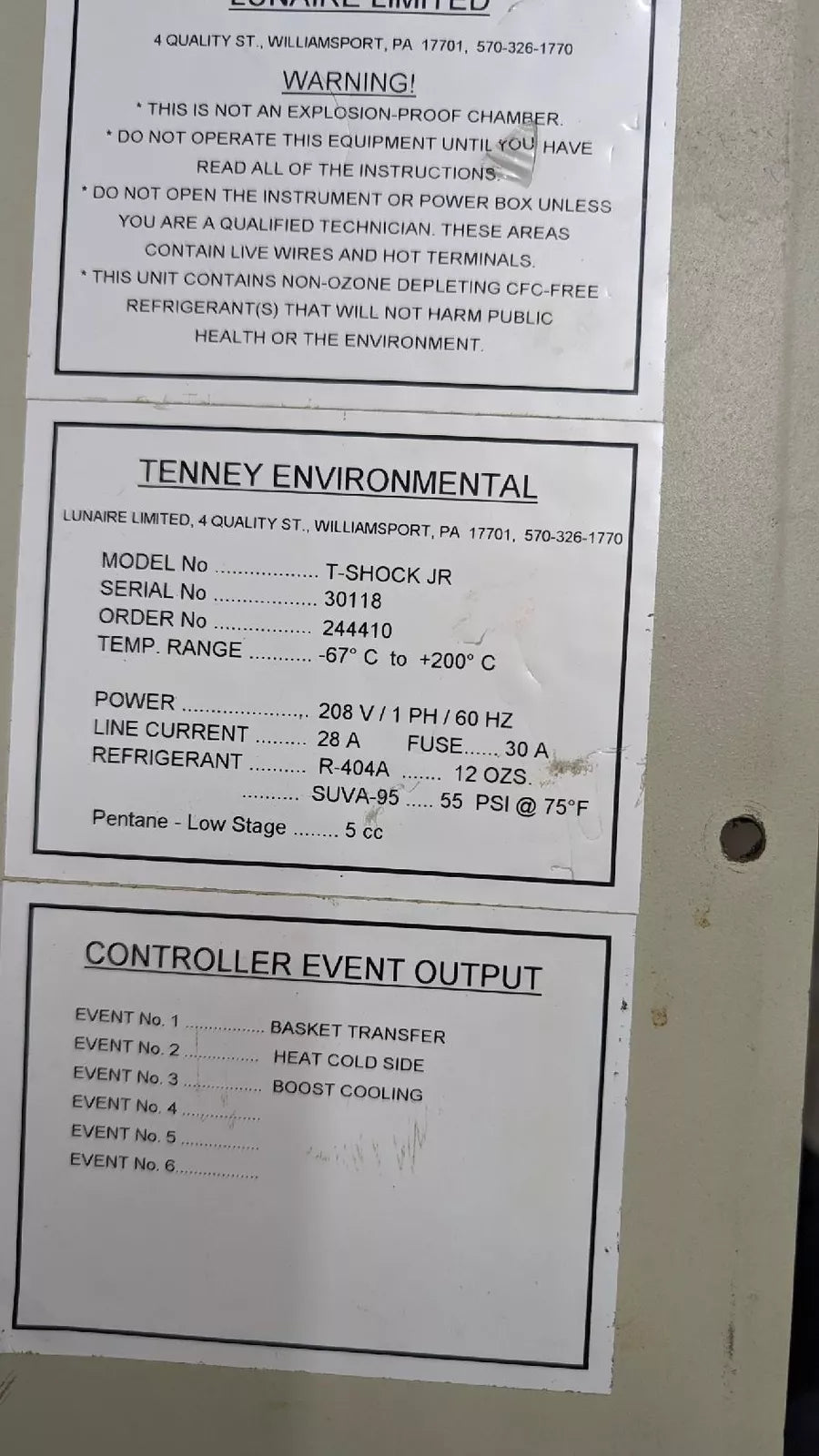 Tenney T-Shock JR Thermal Shock Environmental Test Chamber, SN 30118