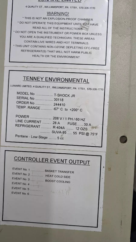 Tenney T-Shock JR Thermal Shock Environmental Test Chamber, SN 30118