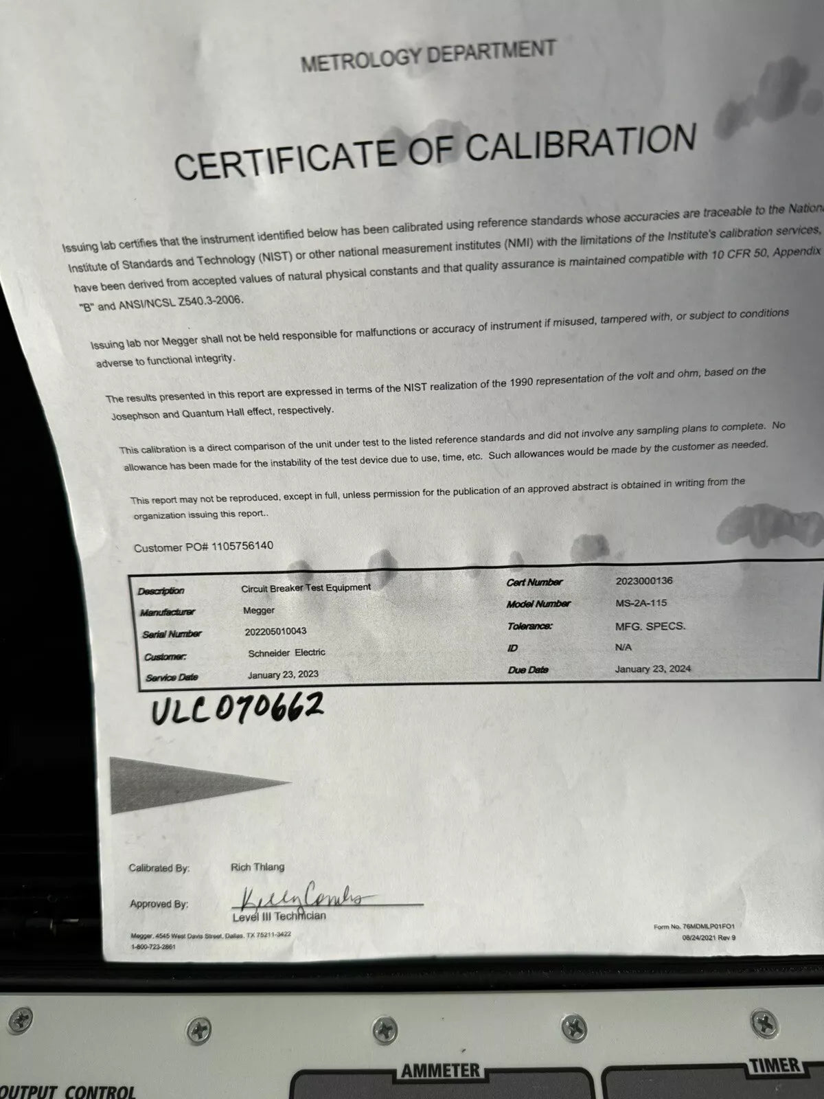Megger MS-2A Circuit Breaker & Overcurrent Relay Test Set (Calibrated 2023-2024)
