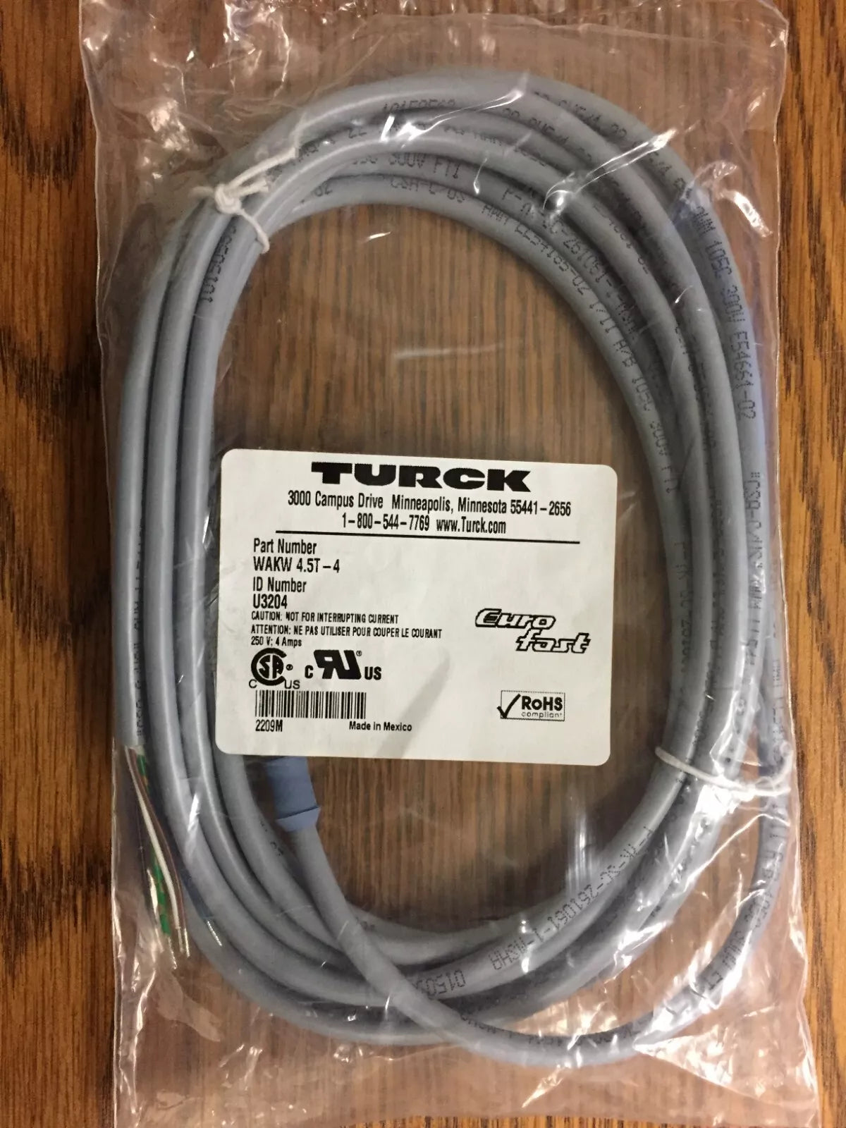 Turck WAKW 4.5T-4 U3204 Cordset M12 Female Straight 5 Wire 4M PVC Grey