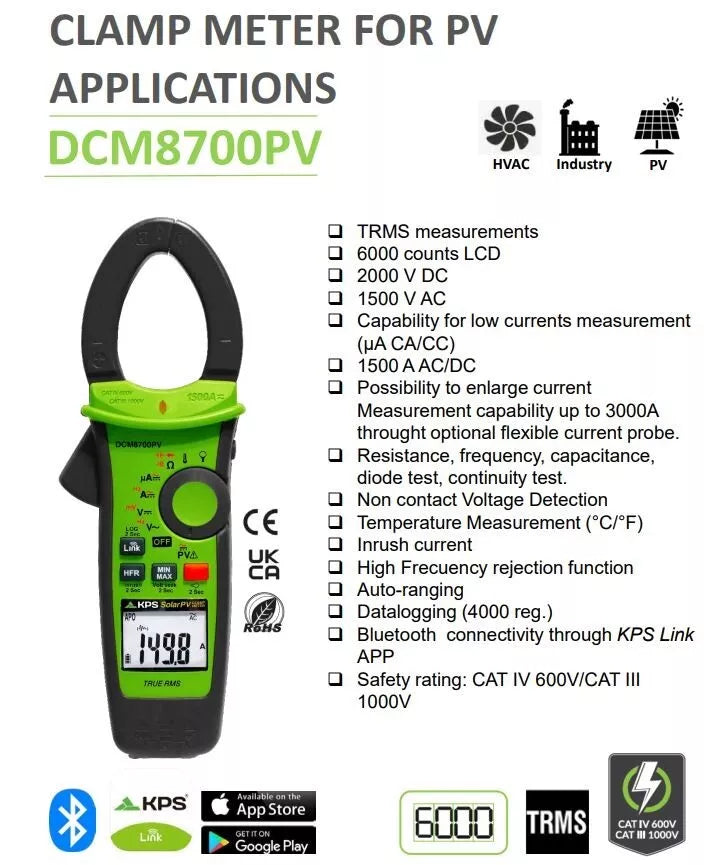 KPS DCM8700PV Solar Clamp Meter TRMS PhotoVoltaic 2000VDC 1500A AC/DC
