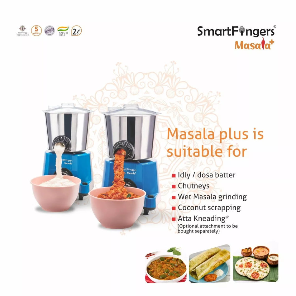 SmartFingers Masala + Table Top Masala Wet Grinder 230V 50Hz, 2 Liter, Blue