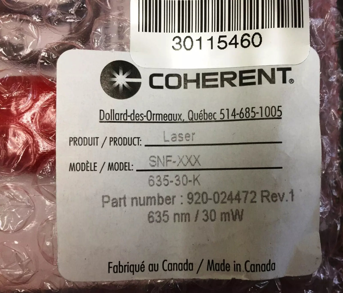 Coherent Model SNF-XXX-635-30K, P/N 920-024472 635nm/30mW Lasiris Lasers