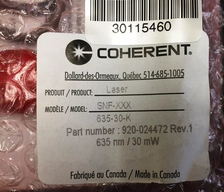 Coherent Model SNF-XXX-635-30K, P/N 920-024472 635nm/30mW Lasiris Lasers