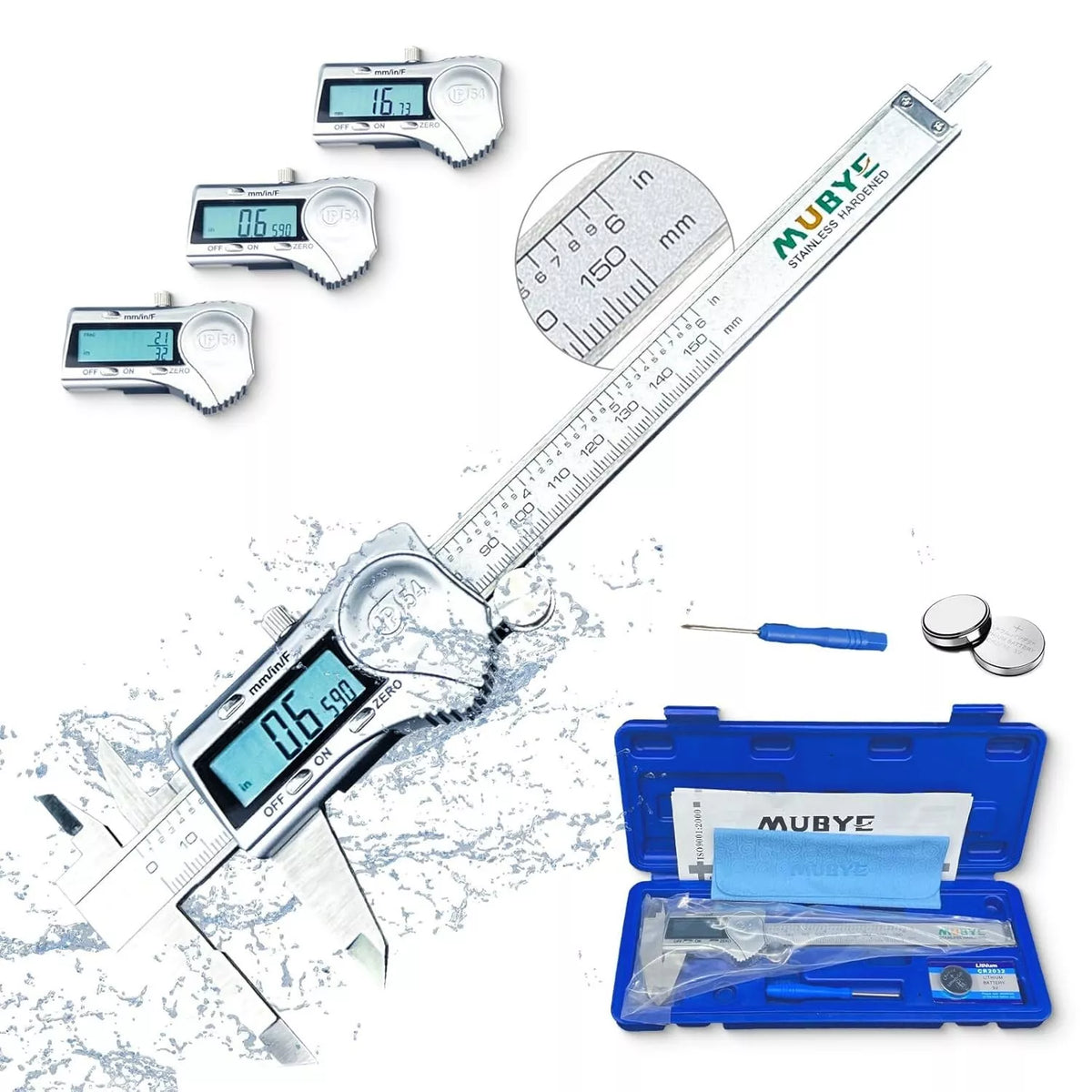 6-Inch Digital Caliper-150mm Steel Waterproof Inch/Metric/Fraction Conversion