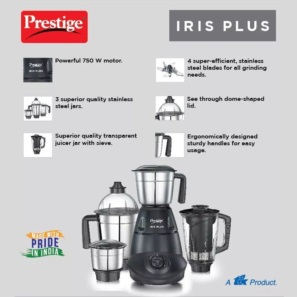 Prestige Iris Plus Mixer Grinder 750W with 4 Jars - Stainless & Juicer