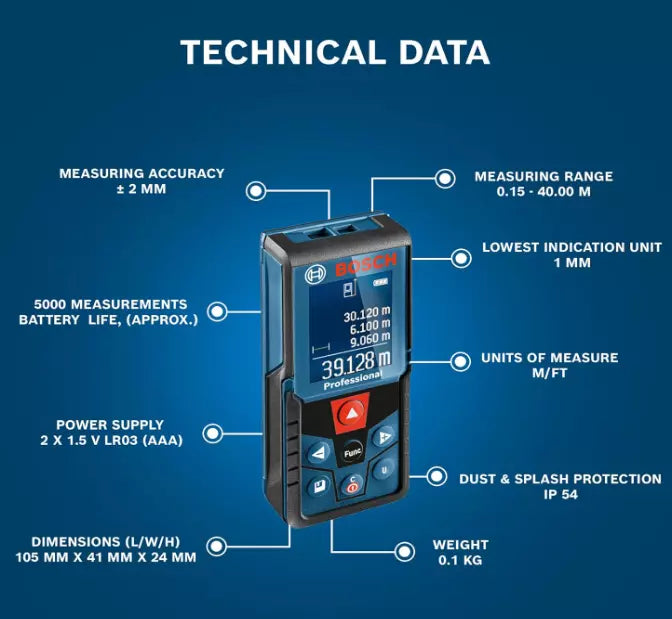 Bosch GLM 40 Laser Distance Measurer Professional Tool ±0.15m, 40m Range