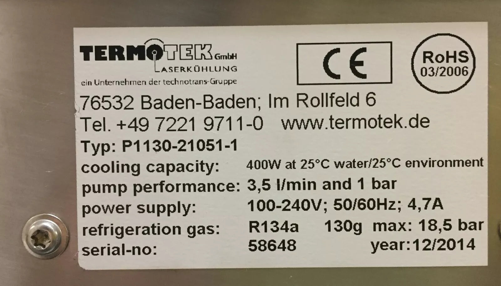 Termotek P1130-21051-1 Desk Top Compact Chiller