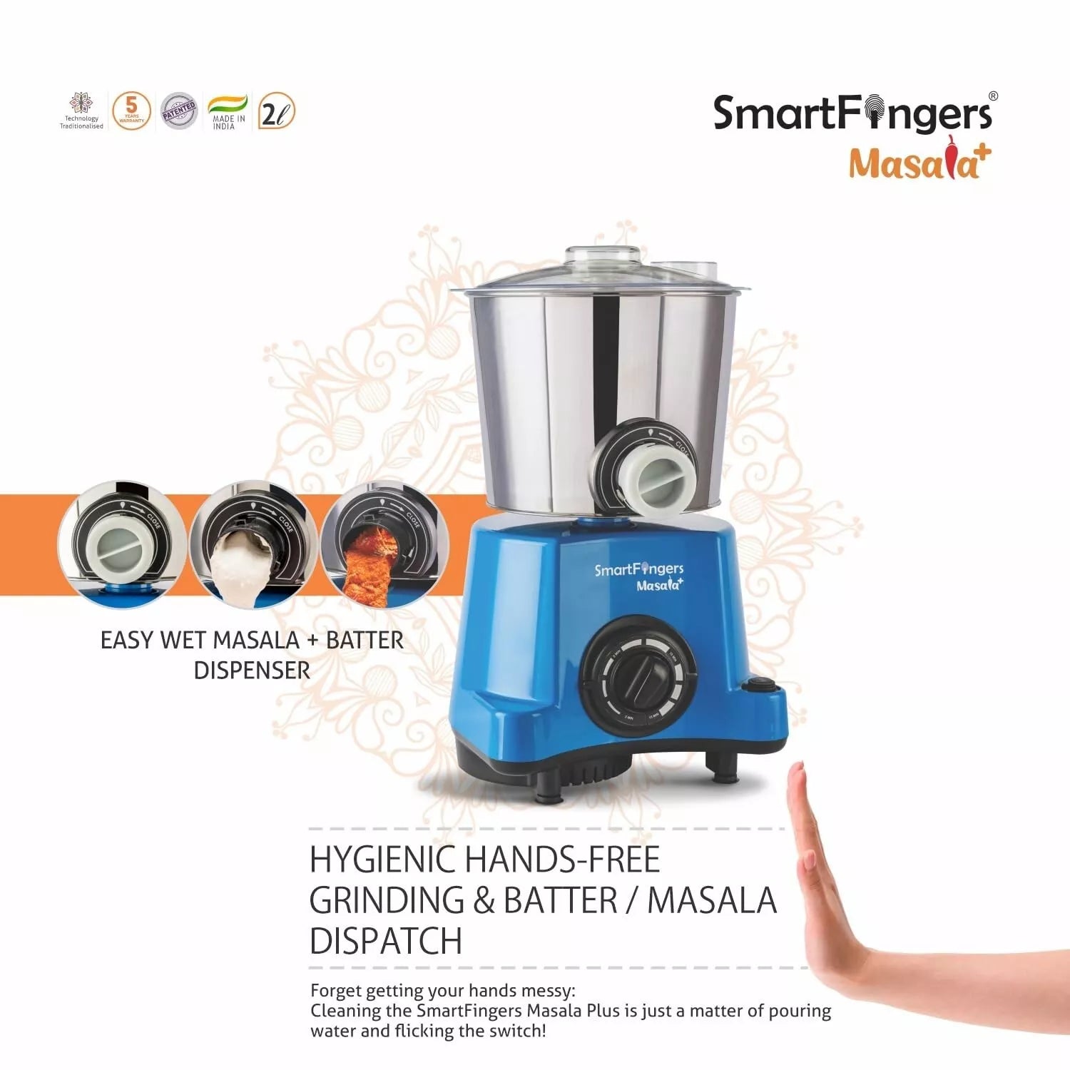 SmartFingers Masala + Table Top Masala Wet Grinder 230V 50Hz, 2 Liter, Blue