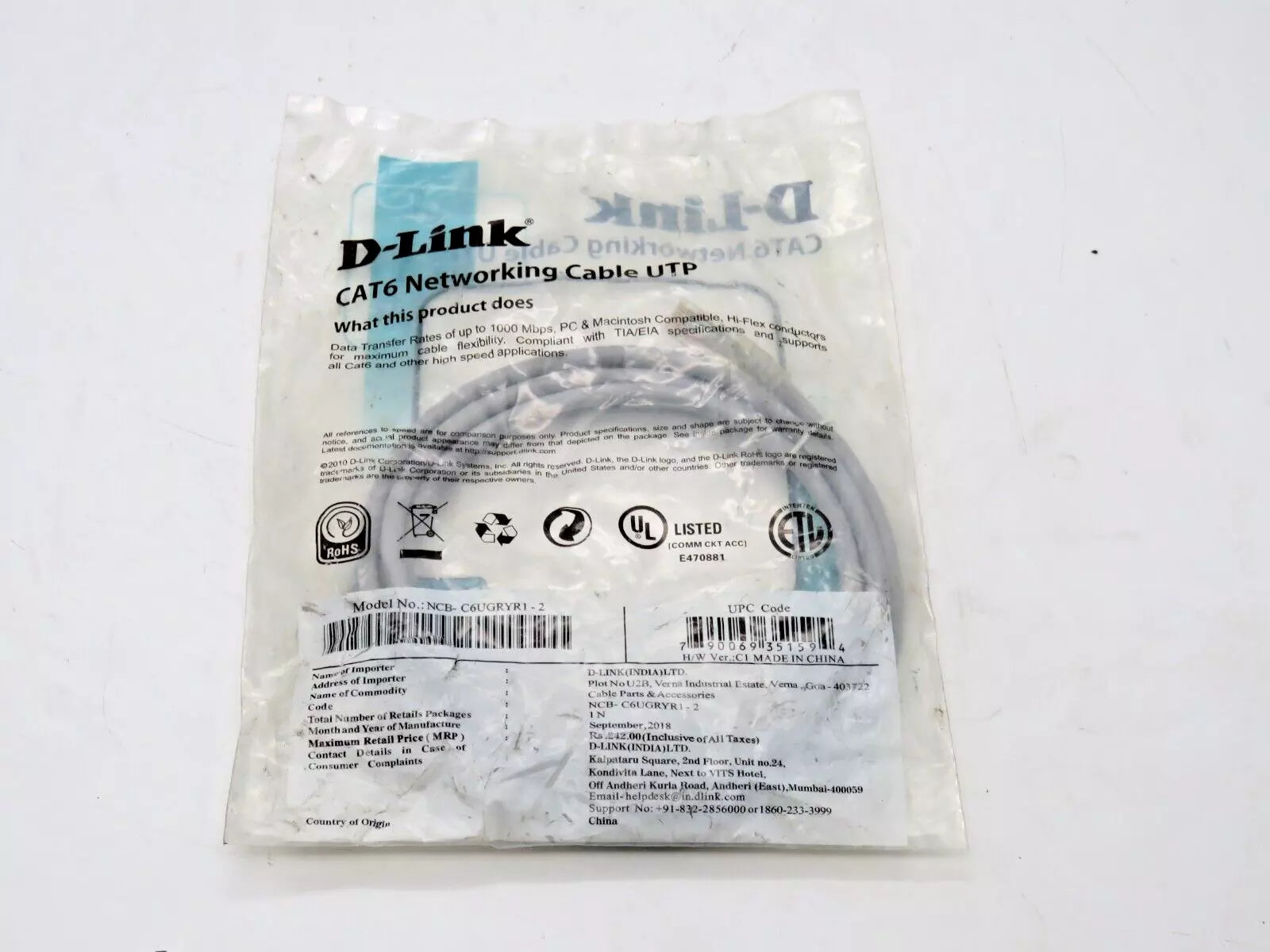 D-Link CAT6 Networking Cable UTP 2M Data Transfer Rates up to 1000 Mbps