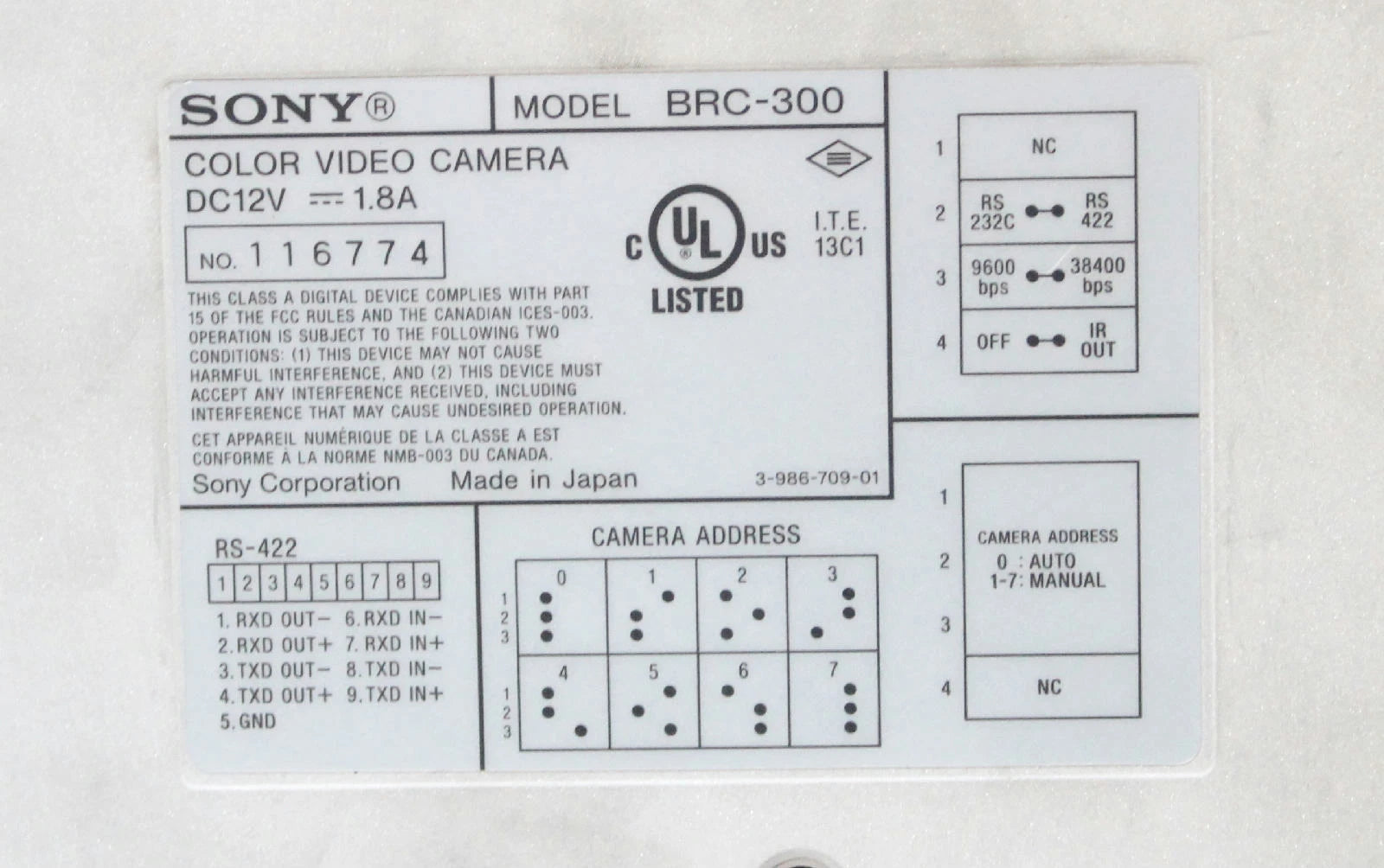 Sony BRC-300 Megapixel Robotic 3CCD PTZ Pan Tilt Zoom Color Video Camera