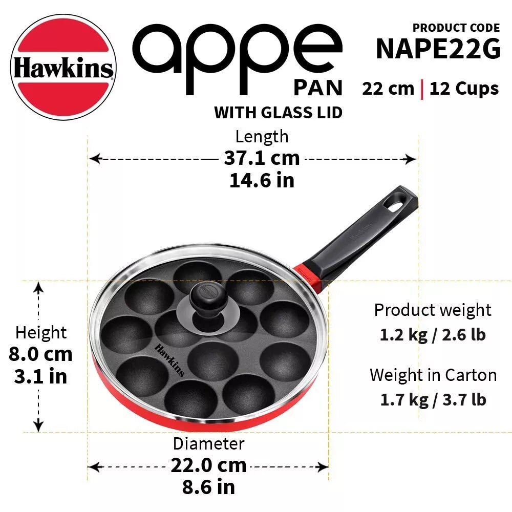 Hawkins Nonstick Appe Pan 12-Cup Cast Aluminium 22cm with Glass Lid Black & Red