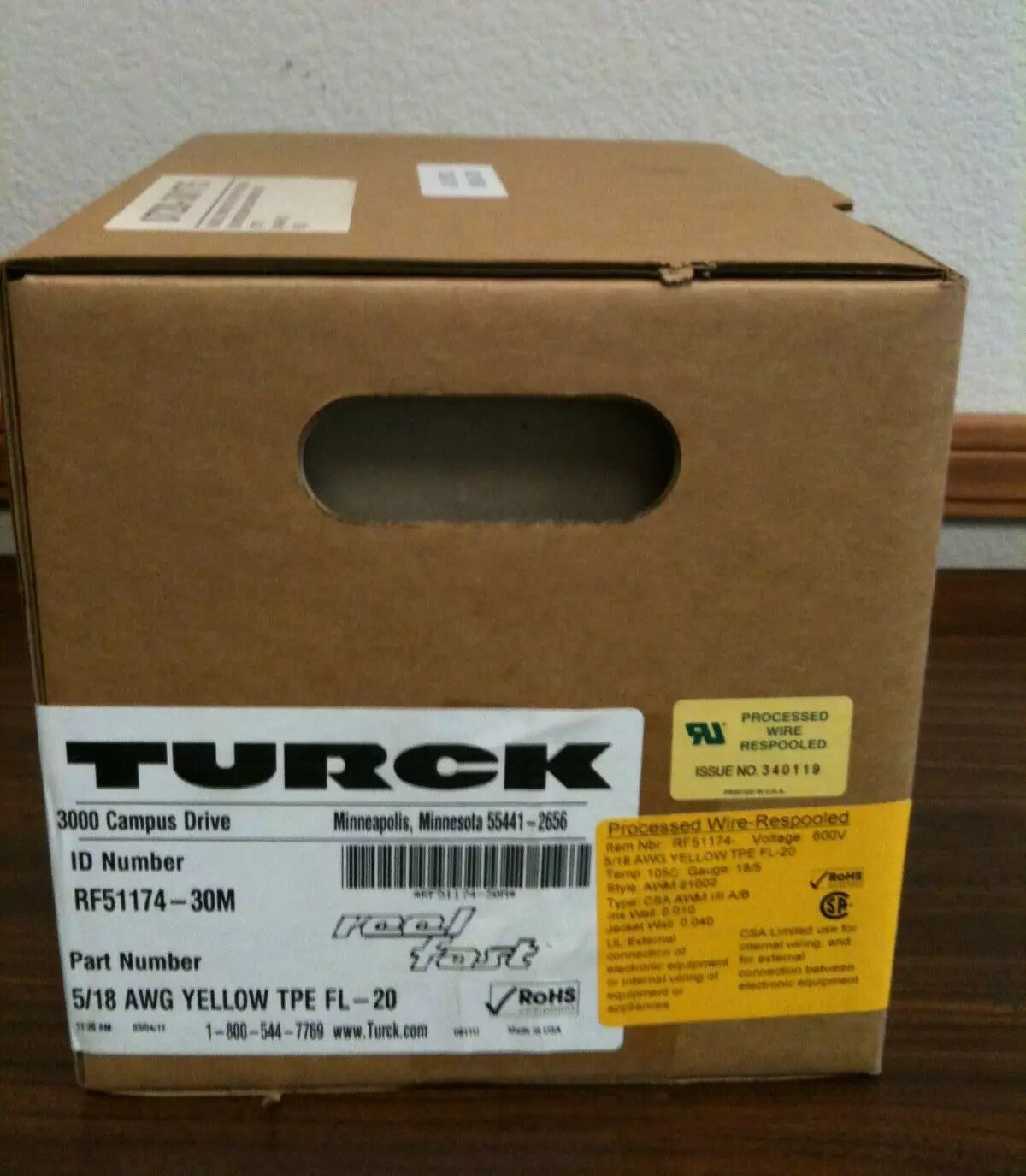 Turck RF51174-30M 5/18 AWG Yellow TPE FL-20 High Flex Cable 30-Meter