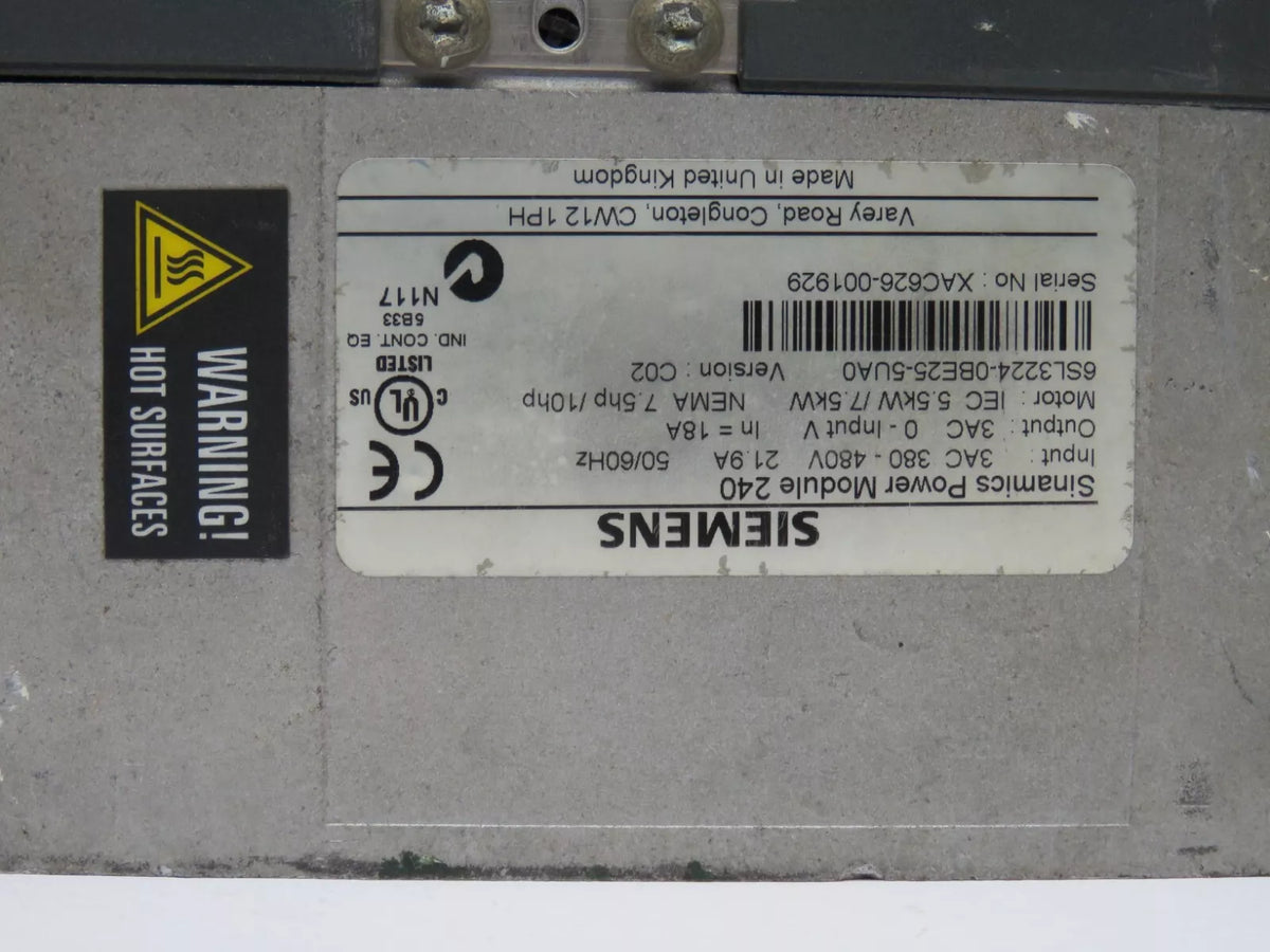 Siemens 6SL3224-0BE25-5UA0 Power Module 240 380-480 VAC 21.9 AMP 50/60 HZ