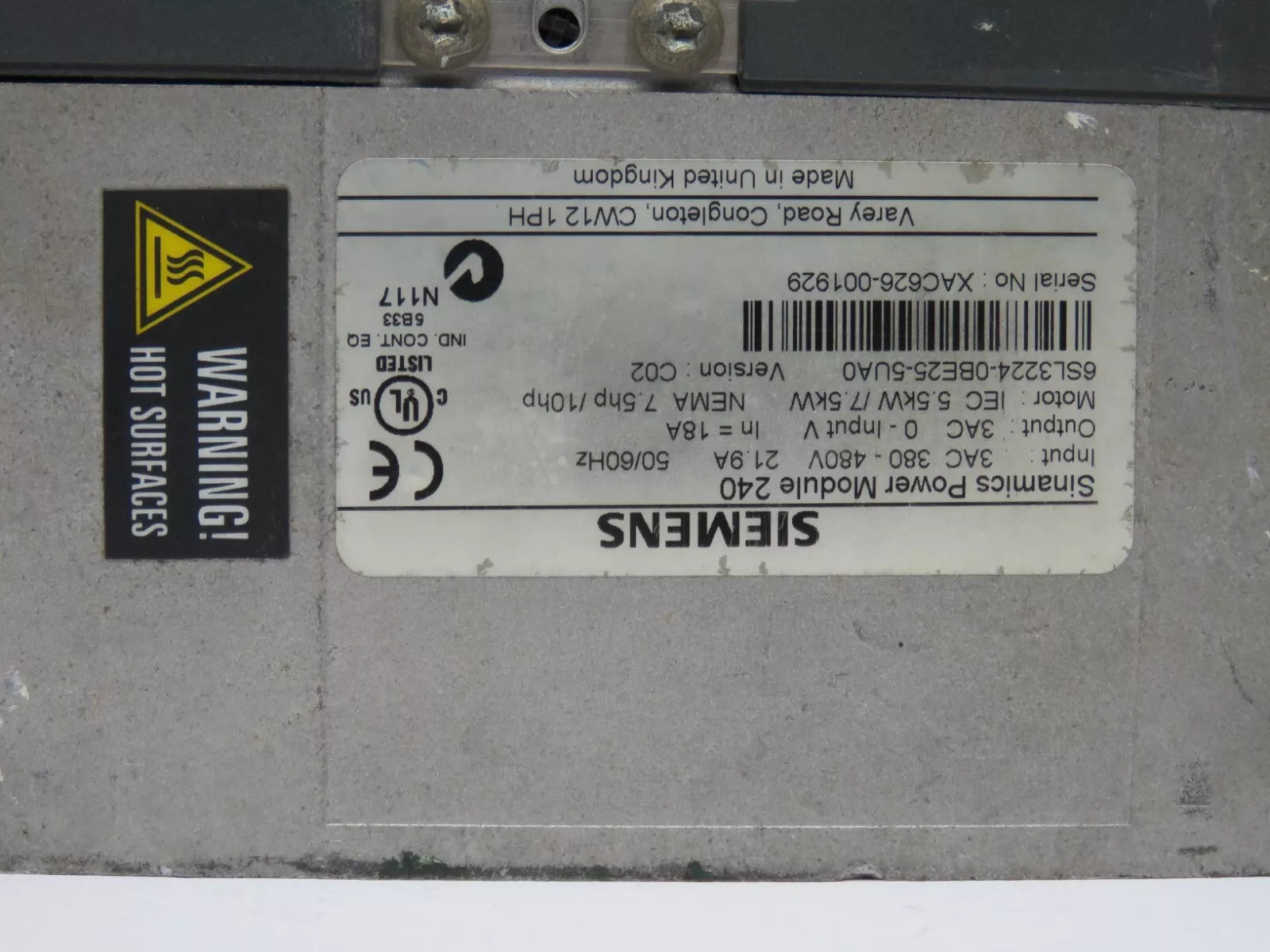 Siemens 6SL3224-0BE25-5UA0 Power Module 240 380-480 VAC 21.9 AMP 50/60 HZ