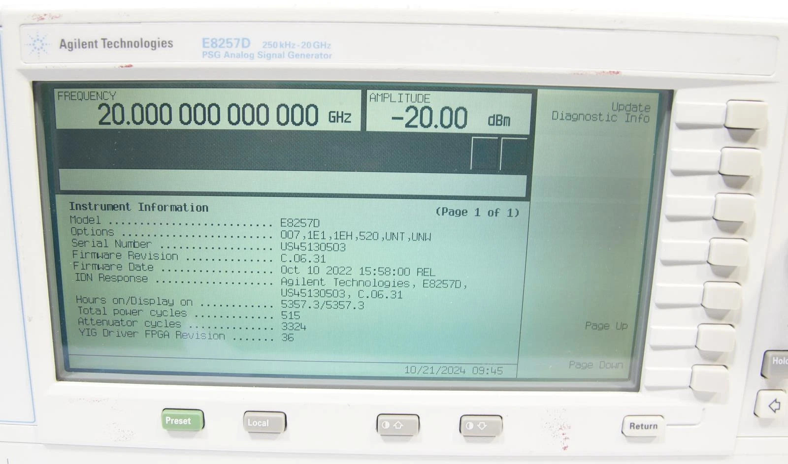 Agilent E8257D PSG 250kHz -20GHz Analog Signal Generator 007 1E1 1EH 520 UNT UNW