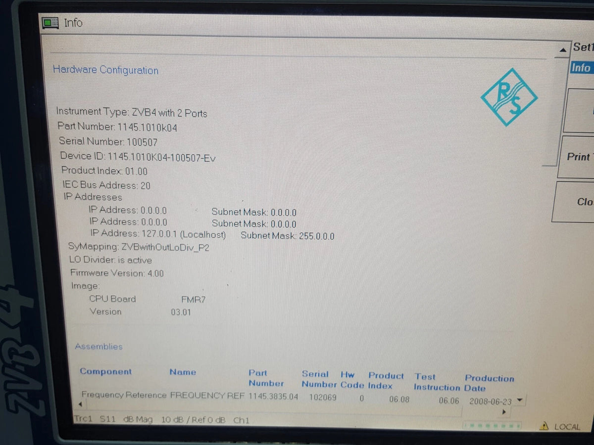 R&S ZVB4 Vector Network Analyzer, 2 Ports, 300kHz-4GHz (100507)