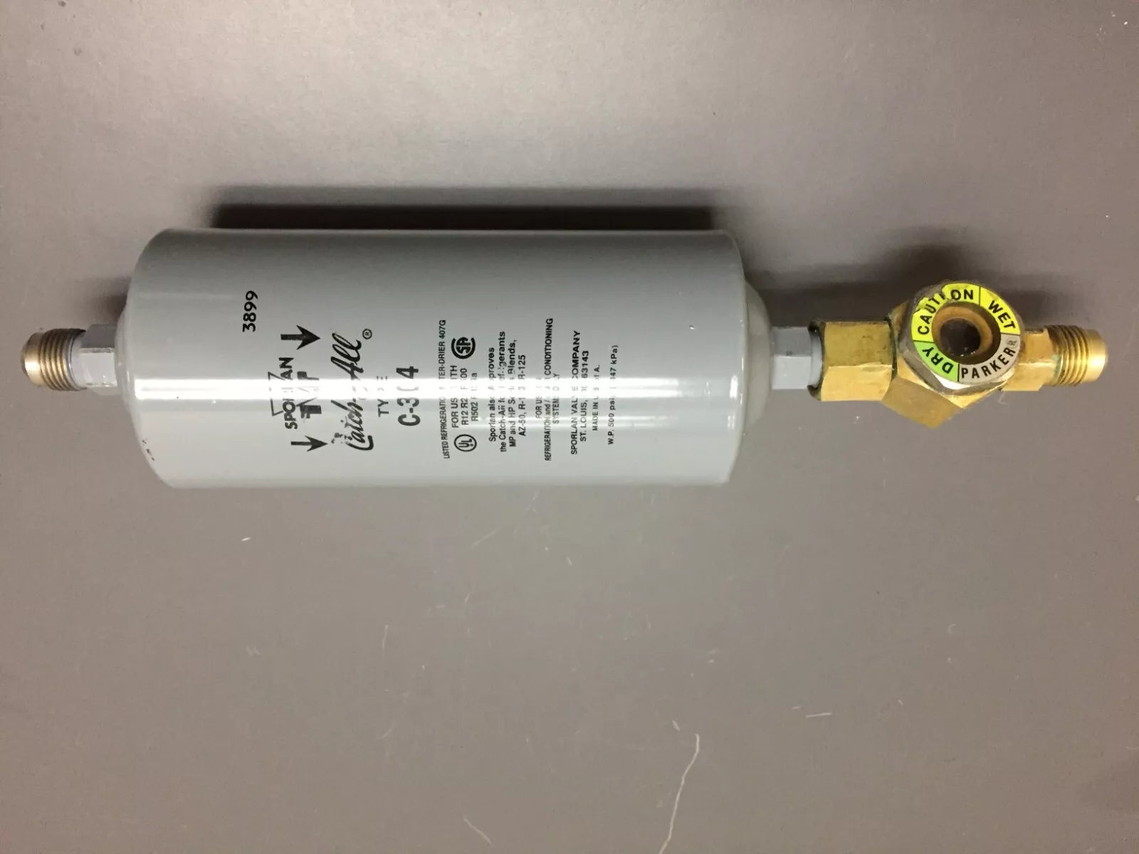 Sporlan C-304 Liquid Line Filter Drier with Parker R 12-22-500-502 Refrigeration Liquid In