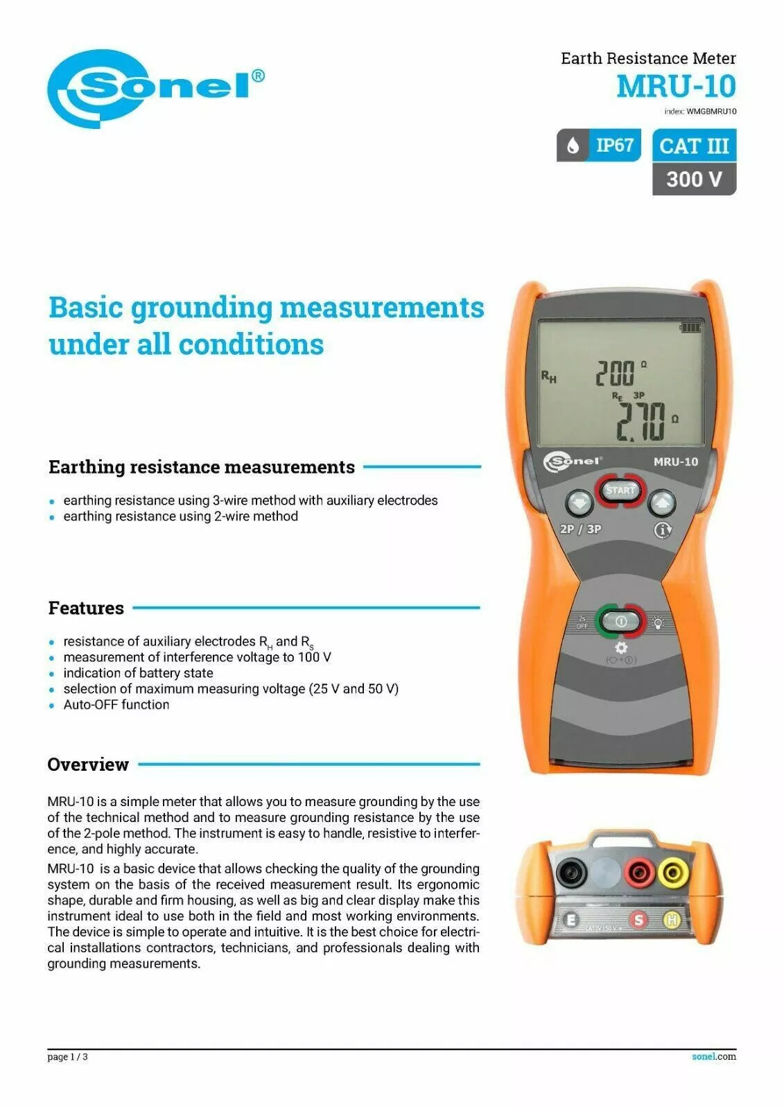Sonel MRU-10 Earth Ground Resistance Meter 50V 60 Hz CAT III 300V Tester - XG eqpt