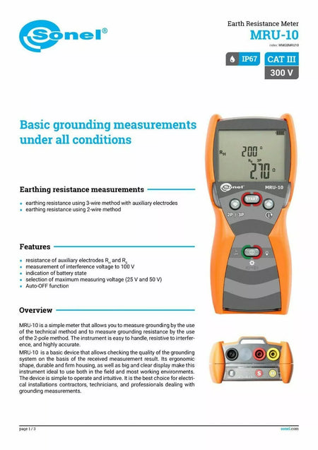 Sonel MRU-10 Earth Ground Resistance Meter 50V 60 Hz CAT III 300V Tester - XG eqpt