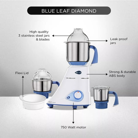 Preethi Blue Leaf Diamond MG-214 Mixer Grinder with 3 Stainless Steel Jars 750W