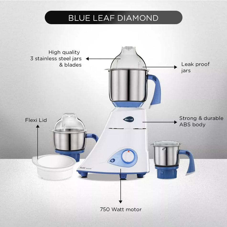 Preethi Blue Leaf Diamond MG-214 Mixer Grinder with 3 Stainless Steel Jars 750W