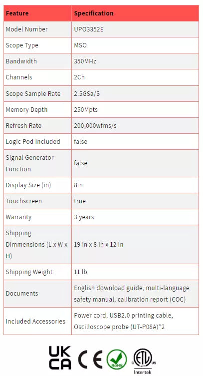 UNI-T UPO3352E 350MHz 2Ch Mixed Signal Oscilloscope MSO (w/o Logic Pod)