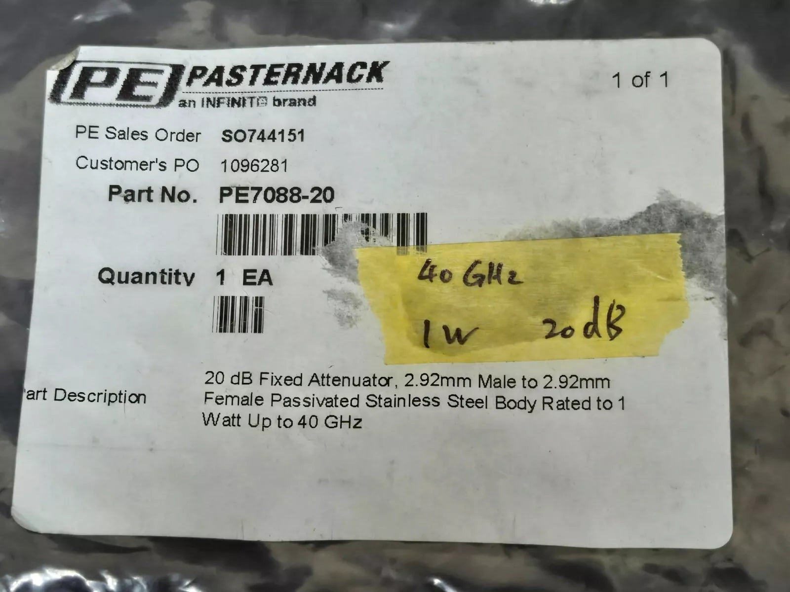 Pasternack PE7088-20 20 dB Fixed Attenuator, 2.92mm Male to 2.92mm Female