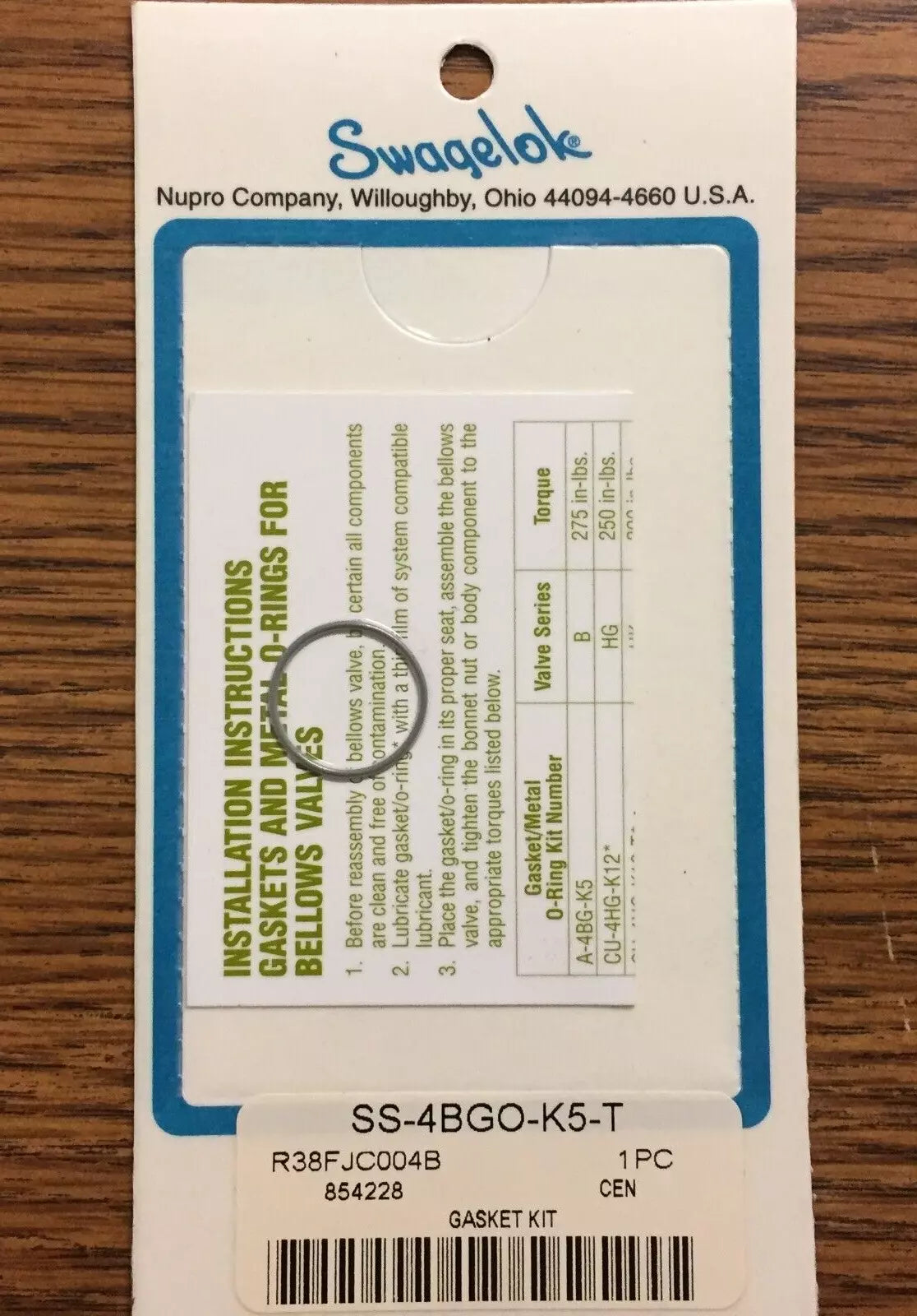 Swagelok SS-4BGO-K5-T Gasket Kit for BK, BKT, 4UK, 6UK & 8UK Series Bellows Seal