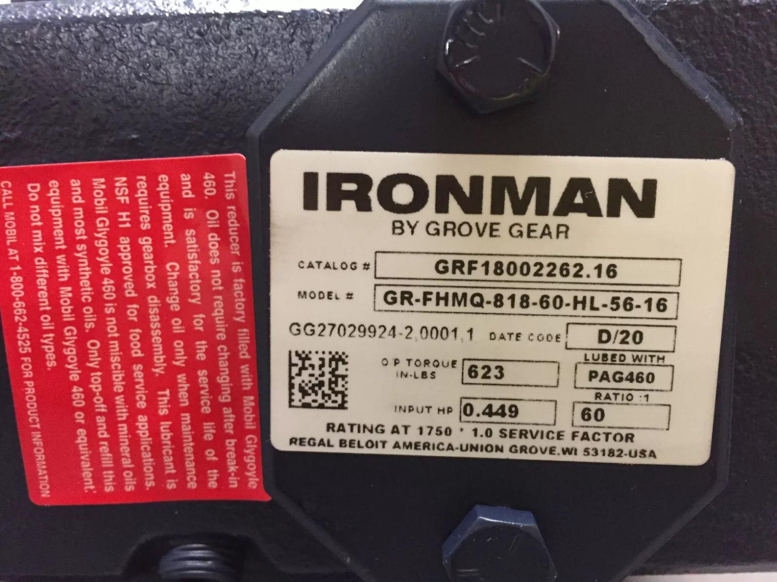 Grove Gear Ironman GR-FHMQ-818-60-HL-56-16 FTG Right Angle Reducer Ratio 60:1